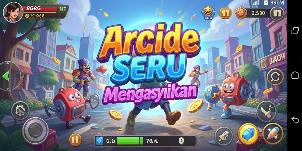 Screenshot utama 8G8G menampilkan gameplay Arcade yang menarik dan penuh warna.