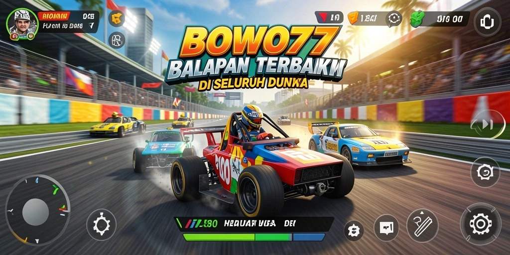 Tangkapan layar gameplay BOWO77 menampilkan balapan mendebarkan di trek yang menakjubkan.