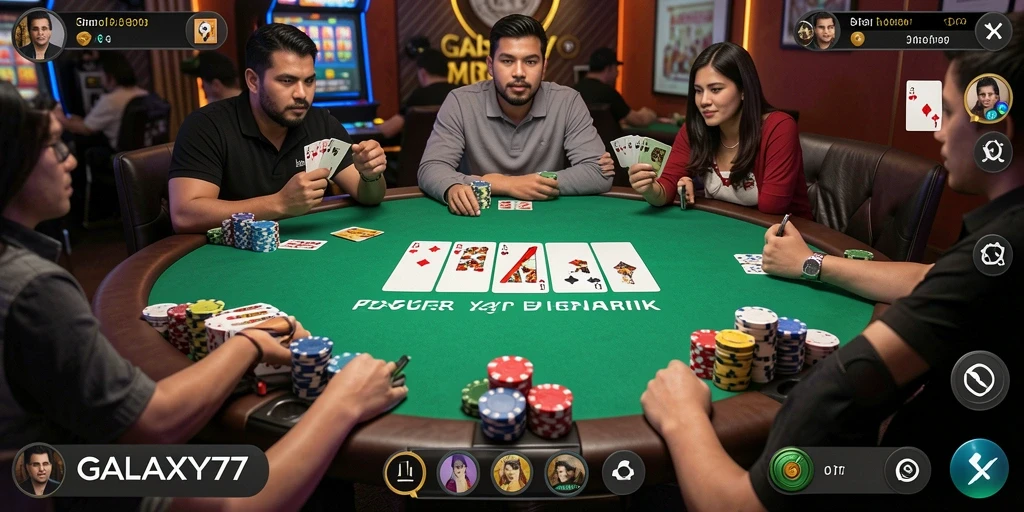 Screenshot GALAXY77 menampilkan gameplay Poker yang seru.