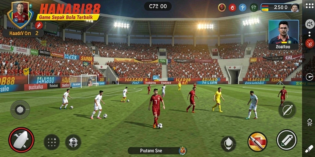 Tampilan gameplay dinamis dalam HANABI88 dengan aksi sepak bola yang mendebarkan.