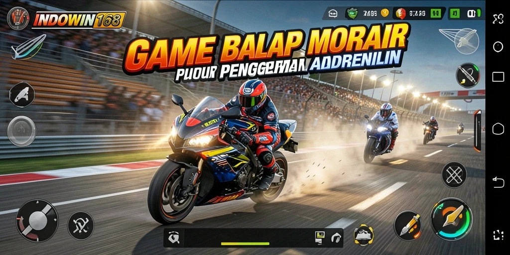 Screenshot INDOWIN168 menunjukkan perlombaan motor yang mendebarkan.