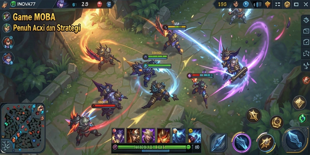 Tangkapan layar gameplay <strong>INOVA77</strong> yang menunjukkan pertarungan tim yang epik.