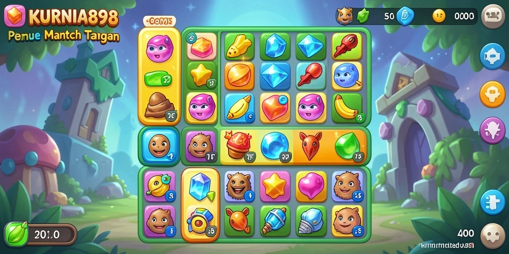 Screenshot utama KURNIA898 menunjukkan gameplay Match-3 yang penuh warna dan tantangan.