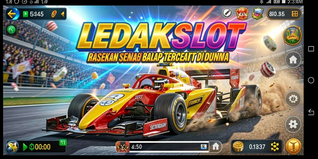 Screenshot gameplay LEDAKSLOT yang menunjukkan kecepatan balapan yang mendebarkan.