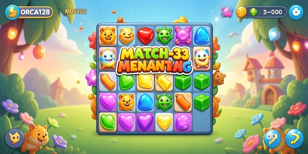 Tangkapan layar Gameplay ORCA128 yang menampilkan pencocokan buah Match-3.
