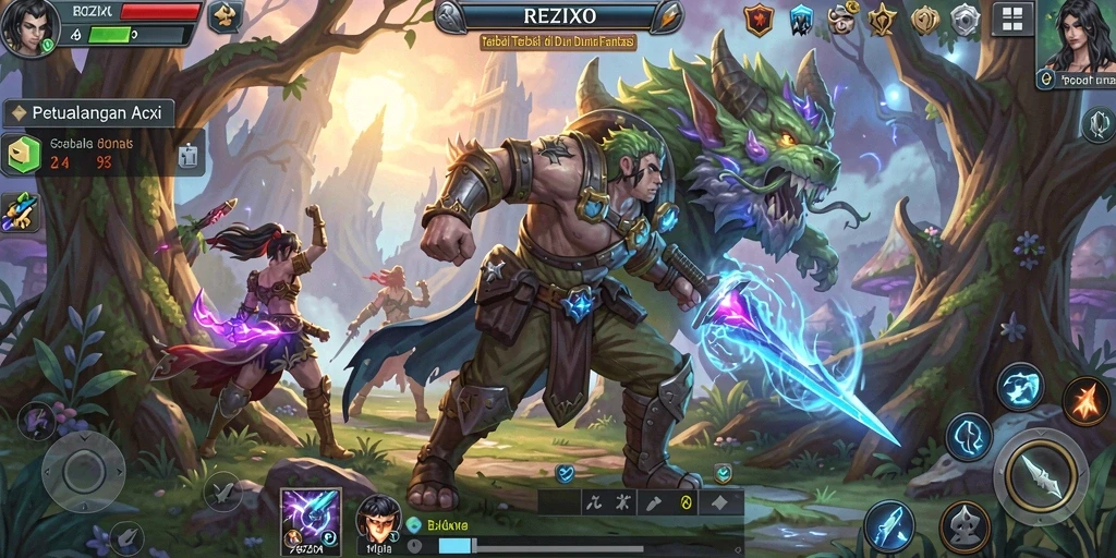 Tampilan gameplay REZIXO yang menakjubkan di dunia fantasi.