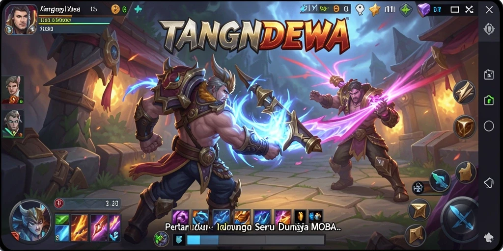Tangkapan layar utama TANGANDEWA menampilkan pertempuran seru antar karakter MOBA.
