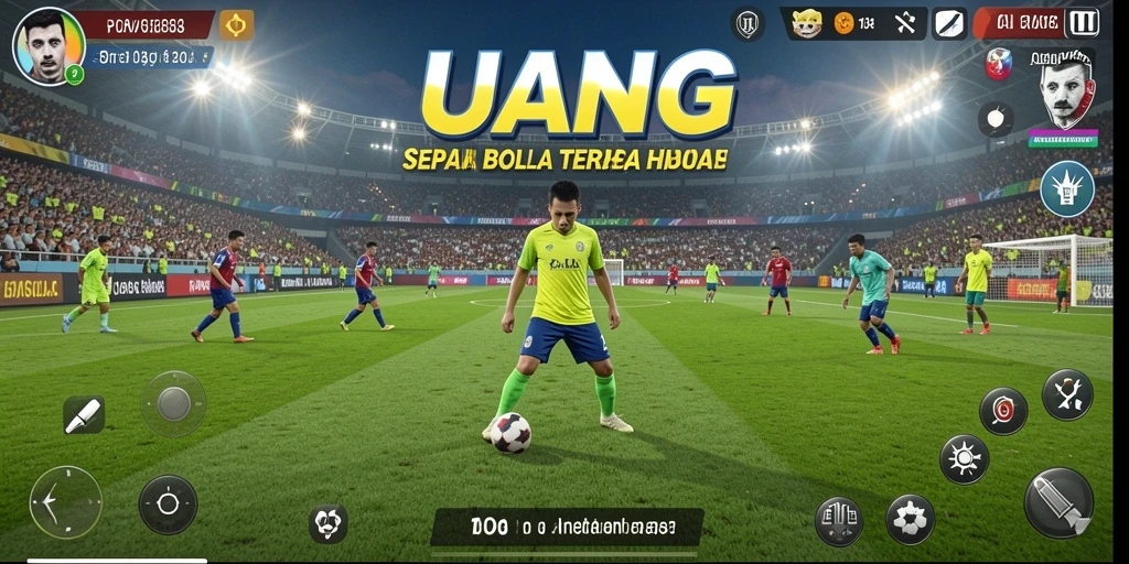 Tampilan gameplay UANG dengan aksi seru di lapangan sepak bola.